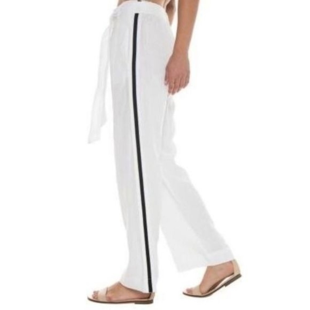 Bella Dahl White Linen Blend Wide‎ Leg Lounge Pants with Black Side Stripe 26
